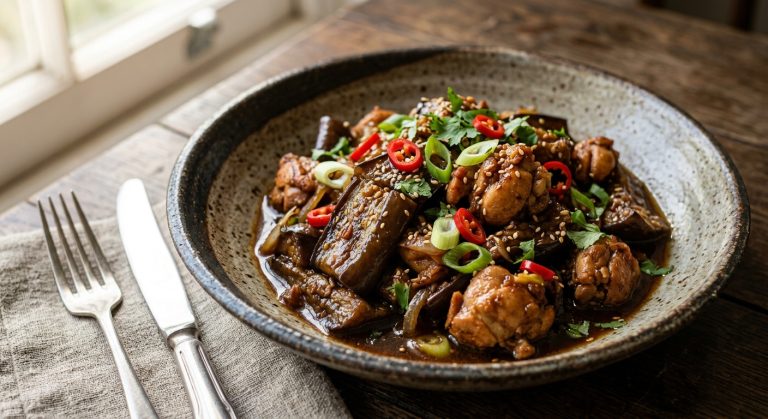 Braised aubergines with chilli chicken