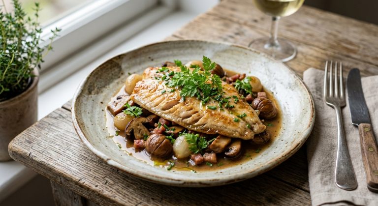 Braised fillet of brill with ceps and chestnuts