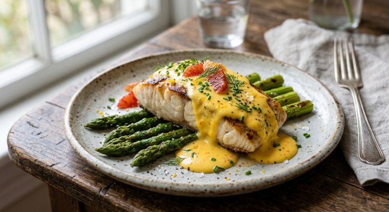 Braised halibut with maltaise sauce and asparagus