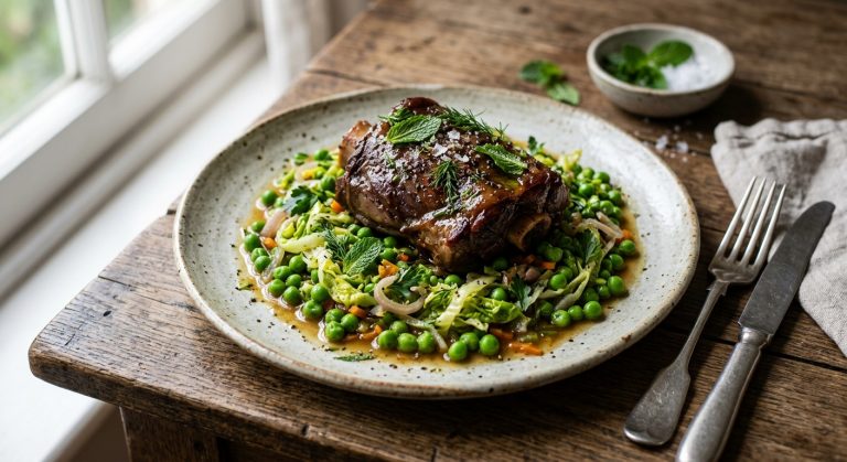 Braised lamb neck with pea and lettuce ragoût