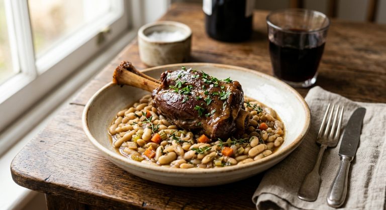 Braised lamb shanks with flageolet beans