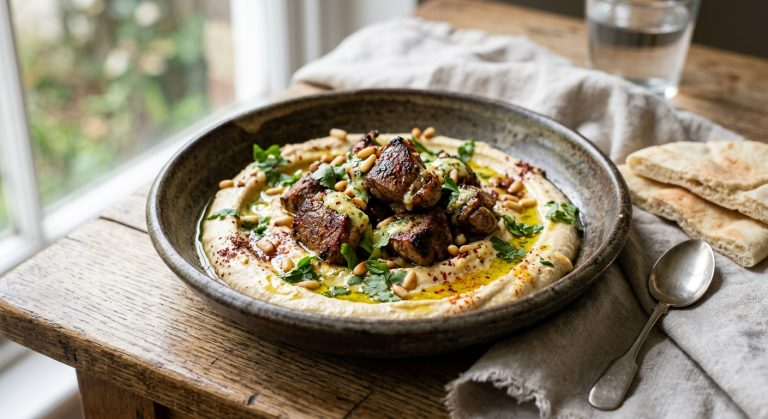 Hummus topped with marinated lamb, lemon sauce and pine nuts 