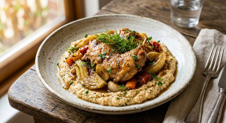 Braised rabbit with fennel and pastis and chickpea purée