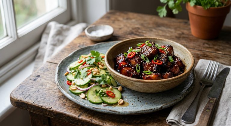 Braised red sticky pork with cucumber salad