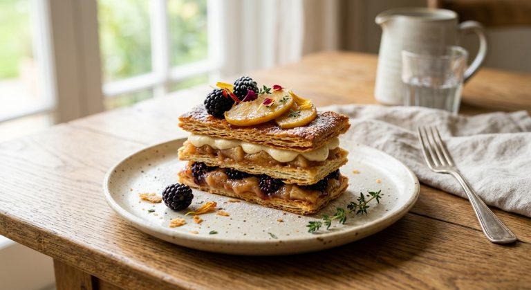 Bramley apple and blackberry millefeuille tart 