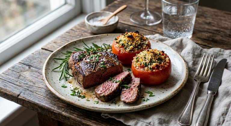 Pan-fried lamb steak with Provençal-style stuffed tomatoes