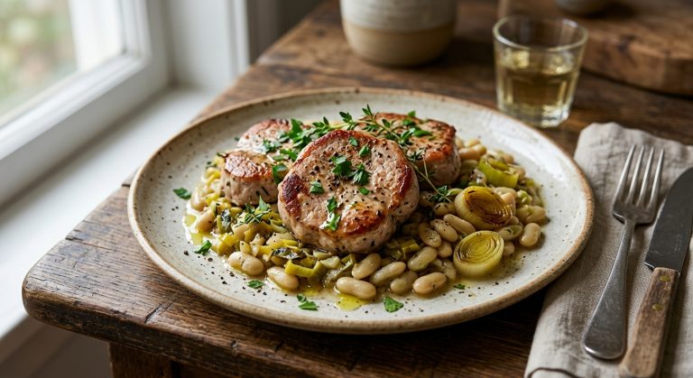 Pan-fried pork medallions with leeks and flageolet beans