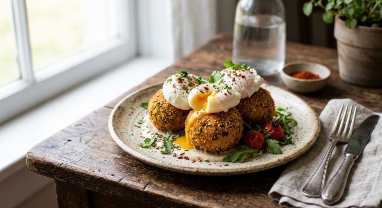 Indian-spiced potato croquettes with poached eggs