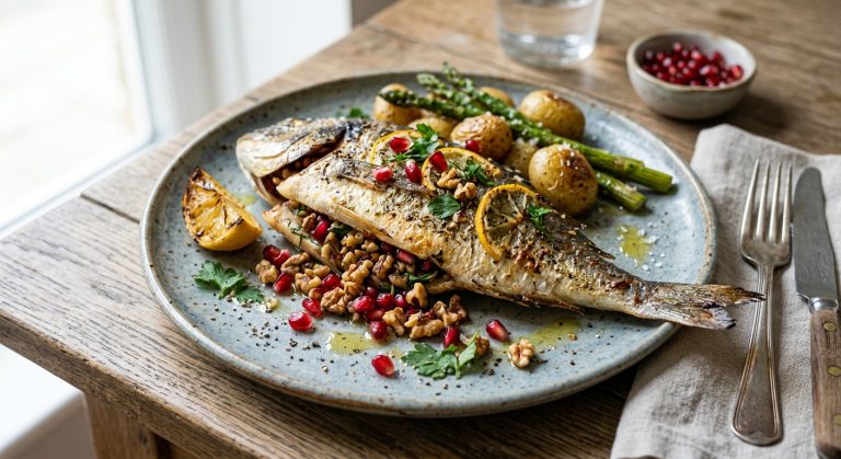 Bream stuffed with walnuts and pomegranates