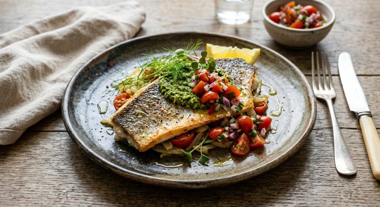 Pan-fried sea bass with fennel pesto and tomato salsa