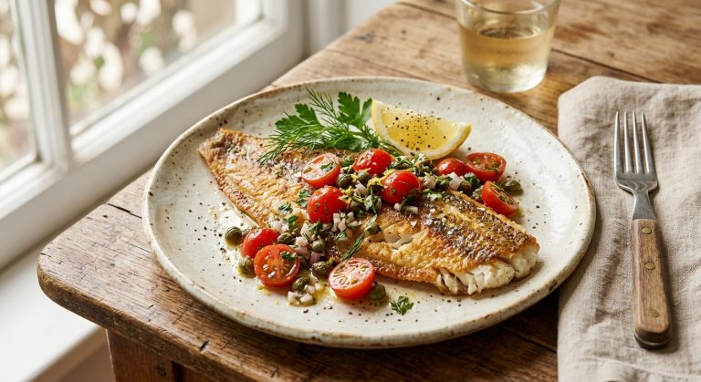 Pan-fried sole fillet with caper and tomato dressing