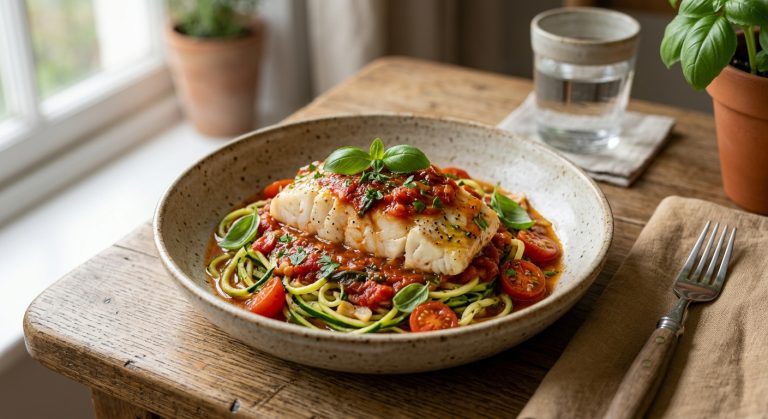 Cod in a rich tomato sauce with courgetti