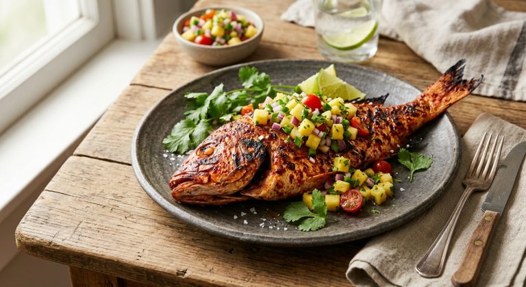 Red snapper a la talla with pineapple pico de gallo