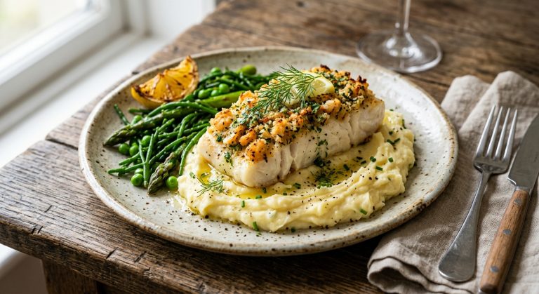 Cod with a prawn crust and buttery mash