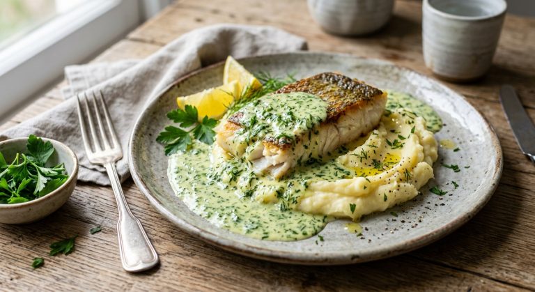 Cod with parsley sauce and mash