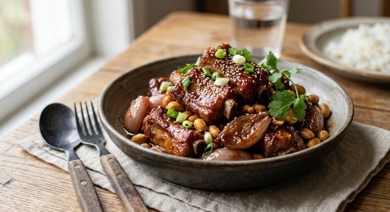 Red-braised pork ribs with sweet shallots and peanuts
