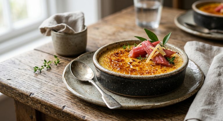 Rhubarb and stem ginger crème brûlée