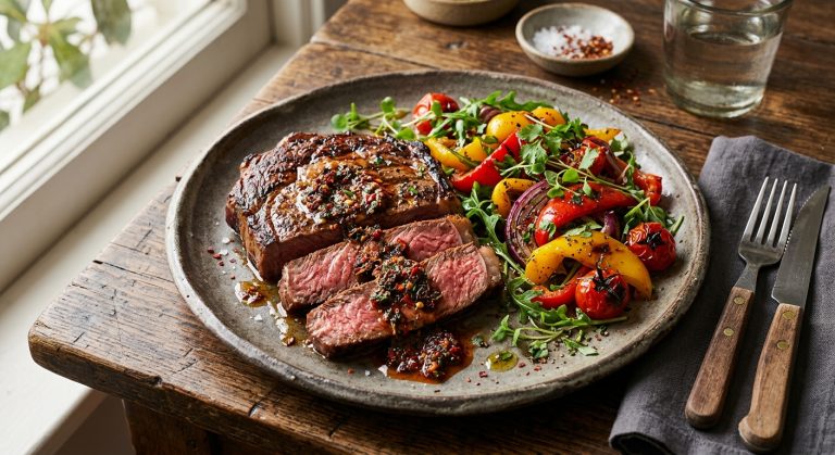 Rib-eye steak with smoky pepper salad and urfa chilli butter