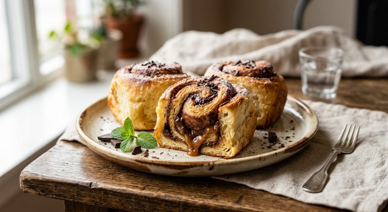 Browned butter caramel and chocolate mousse brioche rolls