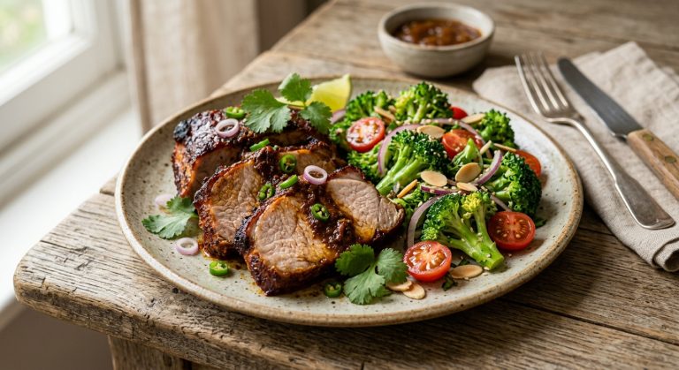 Goan-style pork loin with broccoli salad 