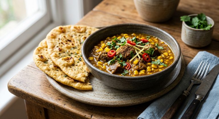 Goat and sweetcorn curry with chickpea flatbread