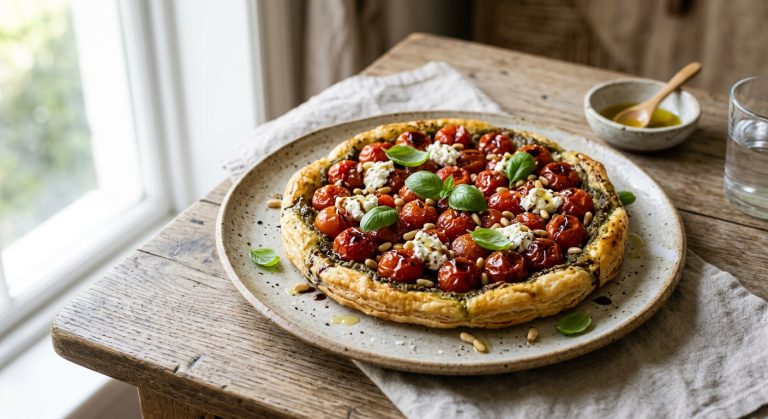 Confit cherry tomato and pesto tart