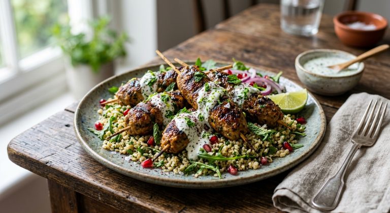 Goat koftas with a yoghurt, mint and lime dressing