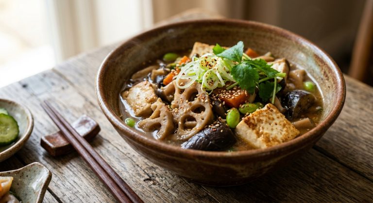 Japanese tofu, aubergine and lotus root stew