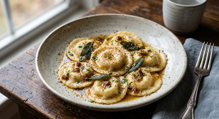 Ricotta and nutmeg ravioli with sage butter sauce