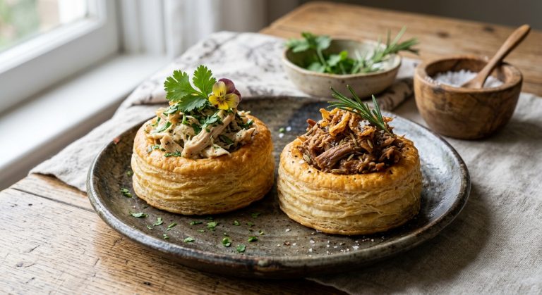 Coriander chicken and fennel seeds and rosemary pulled pork vol-au-vents