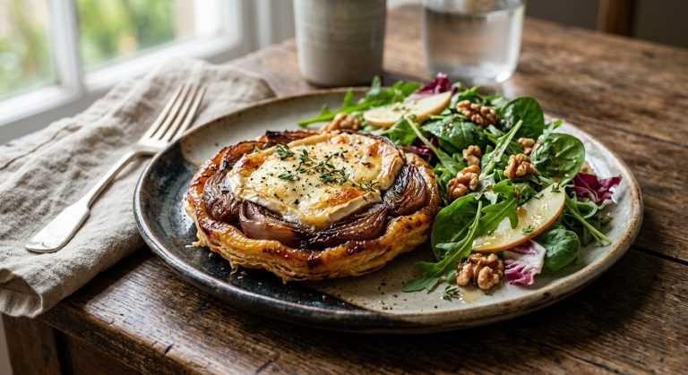 Goats' cheese and shallot tarte tatin with salad
