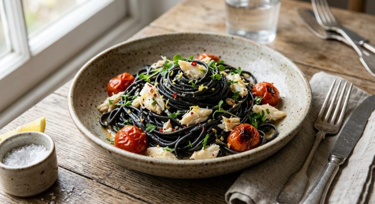 Cornish crab, black linguine and overnight tomatoes