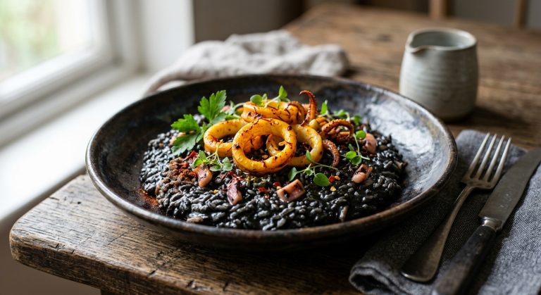 Risotto nero with saffron chilli squid