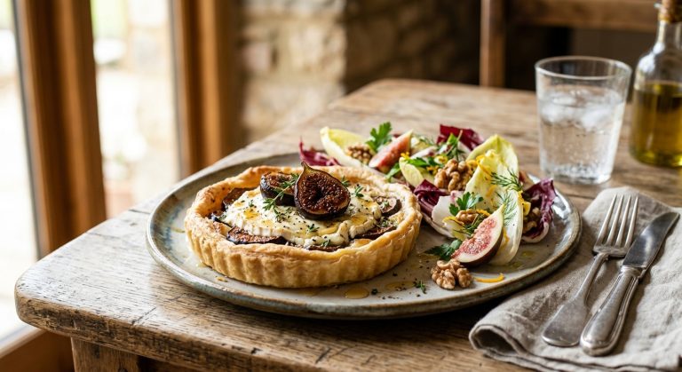 Goats' cheese spring tart with roasted fig and chicory salad