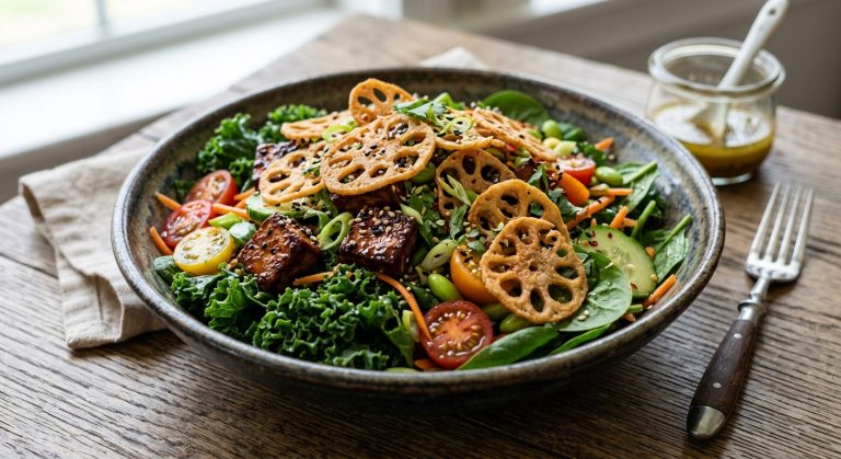 Kale and spinach salad with soy-glazed tofu and lotus crisps
