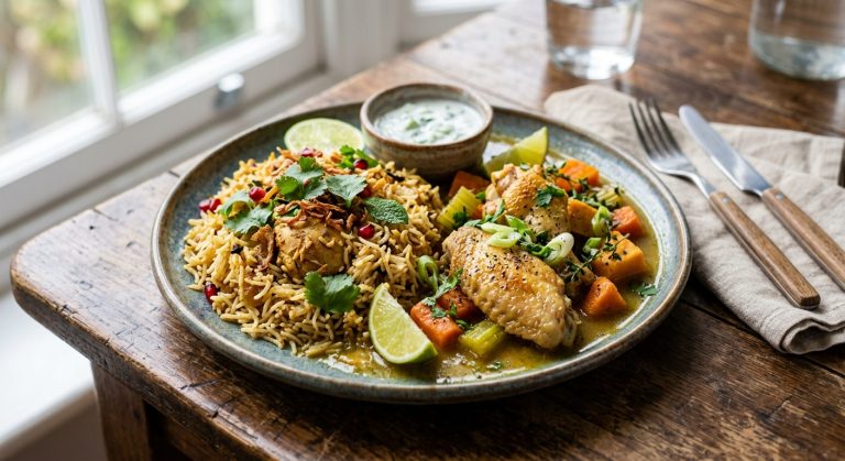 Buttered Caribbean chicken broth and wings with Sri Lankan chicken biryani