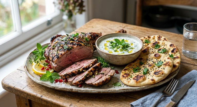 Butterfly leg of lamb with flatbreads and herby raita