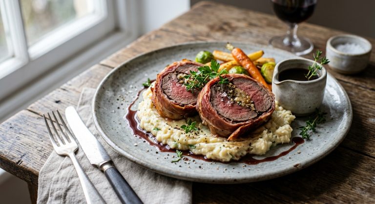 Roast beef fillet wrapped in Parma ham with celeriac