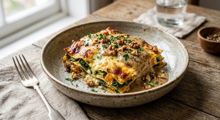 Goats’ cheese lasagne with warm walnut sauce