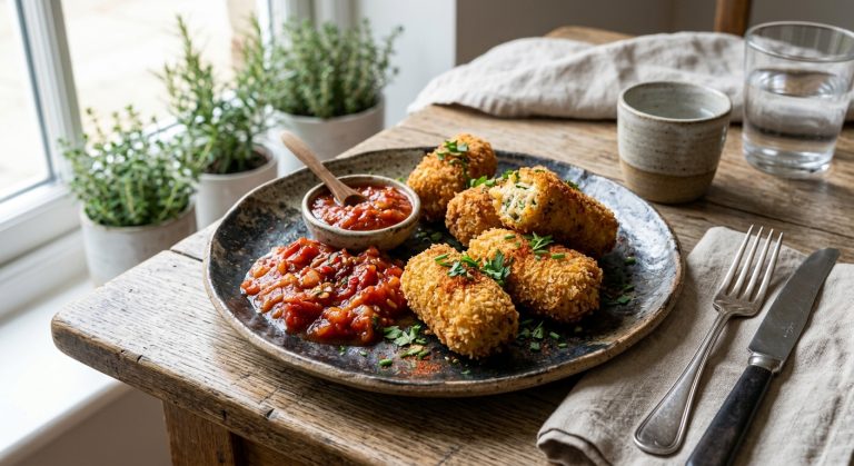 Roast chicken croquettes with spicy tomato chutney