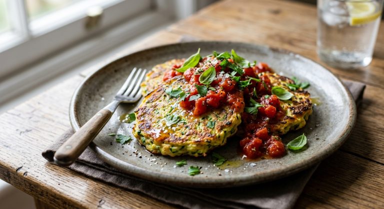 Courgette pancakes with tomato sauce