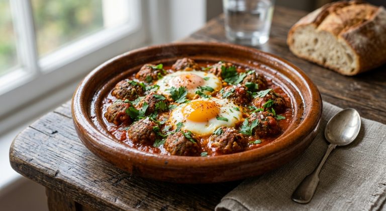 Kefta mkawra tagine (Meatballs with eggs on top)