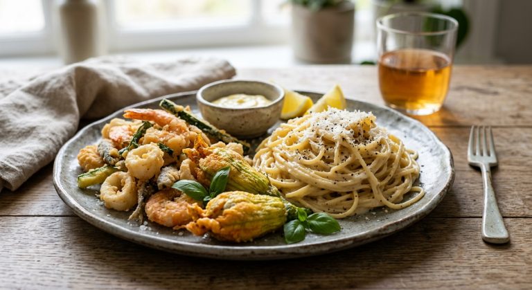 Cacio e pepe with fritto misto and stuffed courgette flowers