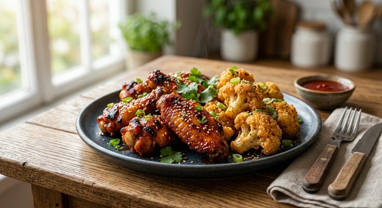Gochujang chicken wings and deep-fried cauliflower