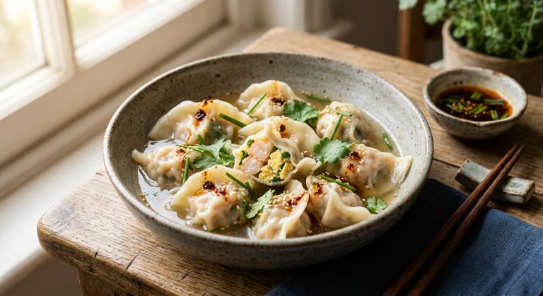 King prawns, egg and Chinese chive water dumplings 