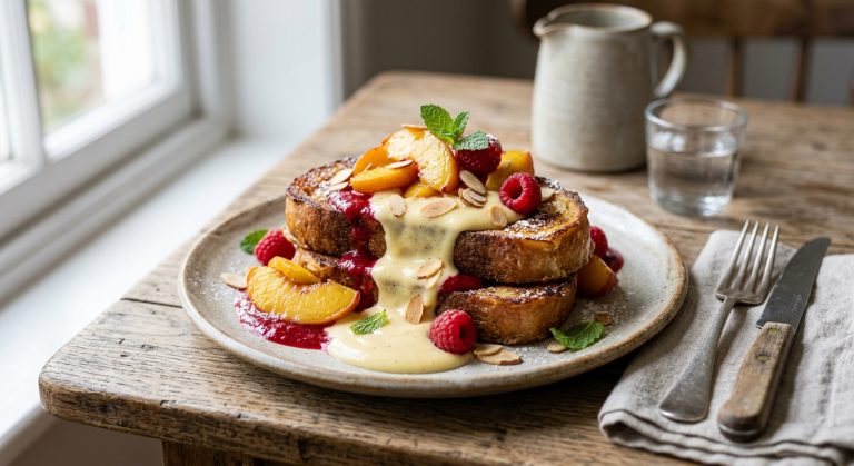 Peach melba French toast with custard cream and raspberry purée