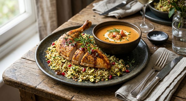 Roast guinea fowl with pistachio pilaf rice and lobster bisque