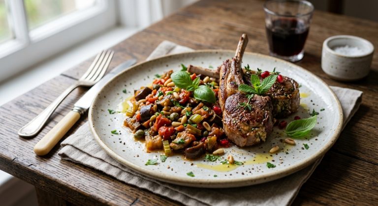 Caponata with stuffed lamb chops