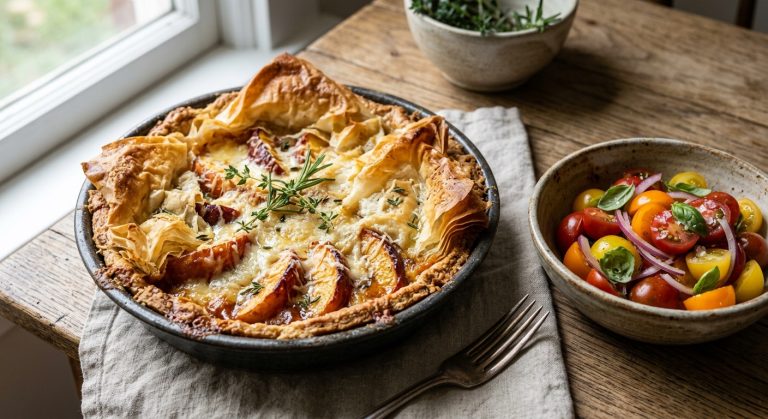 Peach, taleggio and pecorino crinkle pie with a tomato salad