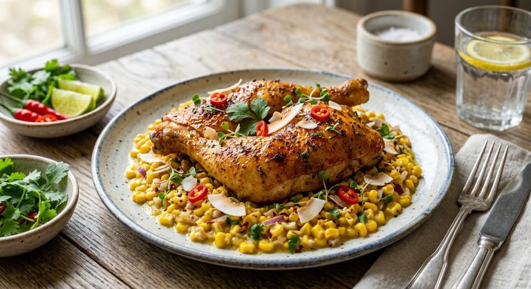 Golden chicken legs over curried corn and coconut
